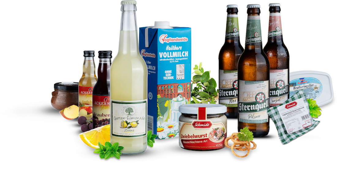 Regionale Produkte Sternquell Bier, Vogtlandweide Milch, Schmidt Wurst, Zaumseil Fisch, Ackermanns Säfte, Bad Brambacher Gartenlimo