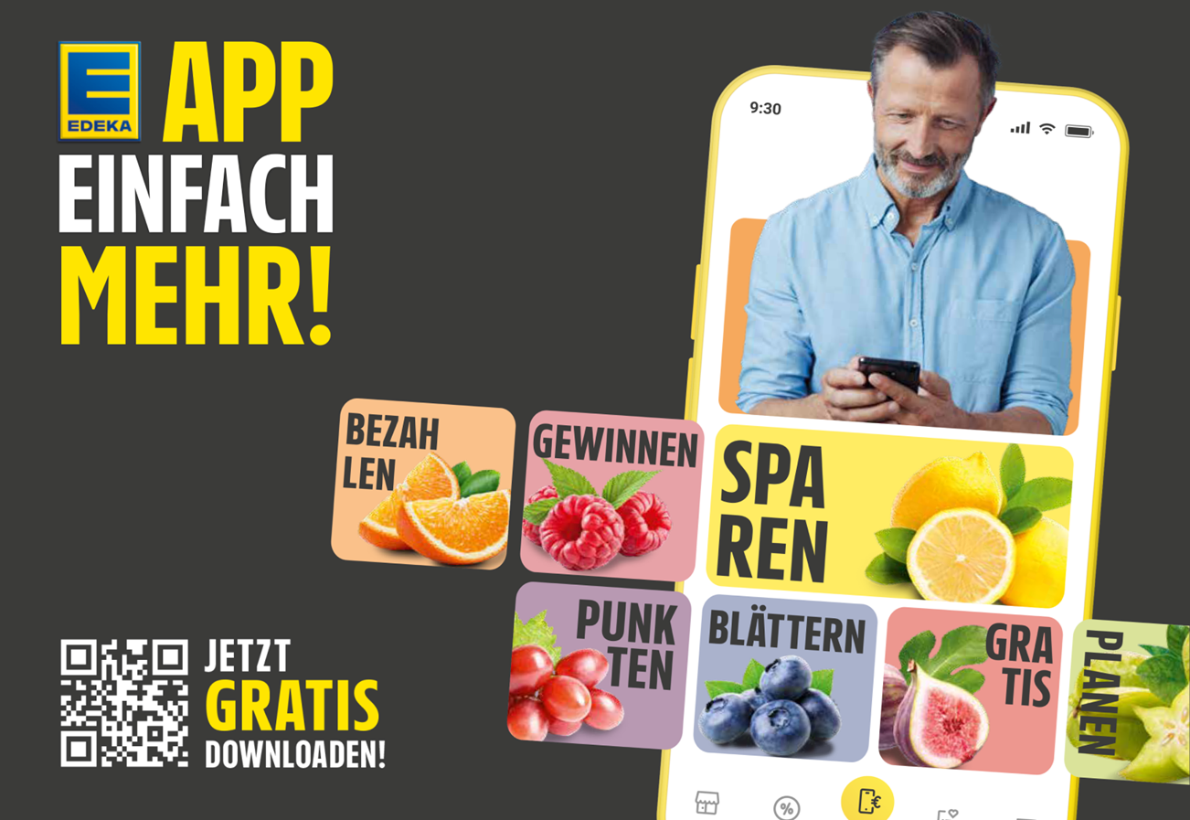 Edeka App Teaserbild - Bezahlen, gewinnen, punkten, blättern, sparen, planen, gratis mit QR Code zum Downloaden
